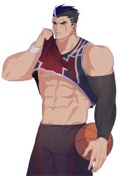 Rule 34 | 1boy, abs, absurdres, ball, bara, black hair, black shorts, black tank top, clothes lift, darius (league of legends), dunkmaster darius, highres, large pectorals, league of legends, male focus, multicolored hair, muscular, muscular male, navel, nipples, official alternate costume, pectorals, red tank top, scar, scar across eye, scar on face, short hair, shorts, solo, sweat, tank top, two-tone hair, white hair, wristband, xingdrdr