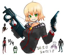 Rule 34 | 1girl, asymmetrical dual wielding, bandaged hand, bandaged neck, bandages, bell, black hoodie, blonde hair, blush, breasts, bullpup, cafe no zombi-ko, cafe no zombi-ko (2nd costume), commentary request, dated, dual wielding, green eyes, grin, gun, handgun, holding, holding gun, holding weapon, hood, hoodie, looking at viewer, medium breasts, monster, p90, personal defense weapon, project upd8, revolver, scar, scar across eye, short hair, smile, submachine gun, translation request, upper body, virtual youtuber, weapon, white background, yifeng ivte