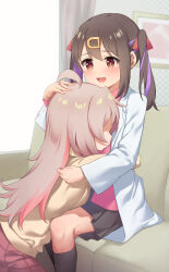 Rule 34 | 2girls, ahoge, black skirt, brown eyes, brown hair, commentary request, faceless, faceless female, hair ornament, hairclip, hand on another&#039;s head, highres, hug, indoors, lab coat, long hair, long sleeves, multicolored hair, multiple girls, onii-chan wa oshimai!, open mouth, oyama mahiro, oyama mihari, pink hair, pizza (pizzania company), purple hair, red skirt, shirt, short hair, siblings, sisters, sitting, skirt, socks, twintails, two-tone hair, yellow shirt