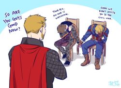 Rule 34 | 3boys, artist name, avengers: endgame, avengers (series), back, beard, belt, black footwear, black shirt, blonde hair, blue bodysuit, bodysuit, boots, brown belt, brown footwear, brown gloves, brown hair, cape, captain america, chair, che (cyan crown), commentary, dated, english commentary, english text, facial hair, fingerless gloves, gloves, grey jacket, grey pants, hand on own face, hand up, holding, holding hands, hood, hooded jacket, jacket, long sleeves, male focus, marvel, marvel cinematic universe, multiple boys, pants, red cape, shadow, shirt, shoes, short hair, simple background, sitting, standing, star (symbol), steve rogers, striped, thor (marvel), tony stark, white background