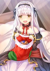 Rule 34 | 1girl, :d, bad id, bad pixiv id, black dress, blush, brown eyes, character request, dress, gift, hairband, hi-na1, long hair, looking at viewer, on bed, open mouth, pillow, sack, sennen sensou aigis, smile, solo, white hair