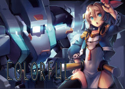 Rule 34 | 1girl, :o, adjusting goggles, arm up, black thighhighs, blonde hair, blue eyes, collarbone, cropped jacket, dress, goggles, goggles on head, hair between eyes, hair ribbon, hand on own hip, hood, hoodie, looking at viewer, mecha, open mouth, original, pelvic curtain, red ribbon, ribbon, robot, scottie (phantom2), solo, thighhighs, white dress