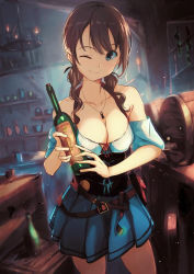 Rule 34 | 1girl, ;), aqua eyes, bad id, bad pixiv id, bare shoulders, barrel, belt, blouse, blue skirt, bottle, box, breasts, brown hair, candle, chandelier, cleavage, collarbone, corset, cowboy shot, dust, green eyes, holding, holding bottle, indoors, jewelry, jpeg artifacts, light particles, long hair, looking at viewer, necklace, no bra, off shoulder, one eye closed, original, pendant, pleated skirt, shelf, shirt, skirt, smile, solo, vase, wavy hair, white shirt, wine bottle, yoshitake