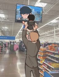 Rule 34 | 2boys, aged down, backpack, bag, black hair, blonde hair, child, closed mouth, commentary, english commentary, formal, grey suit, highres, indoors, kageyama shigeo, lifting person, long sleeves, male focus, mob psycho 100, monitor, mp100days, multiple boys, photo background, reigen arataka, shirt, short hair, short sleeves, standing, suit, walmart