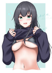 Rule 34 | 1girl, abataa, absurdres, agano (kancolle), alternate costume, bikini, bikini top only, bikini under clothes, black bikini, black hair, black sweater, blush, breasts, clothes lift, cropped torso, green eyes, highres, kantai collection, large breasts, long hair, looking at viewer, nose blush, solo, sweater, sweater lift, swimsuit, swimsuit under clothes, upper body