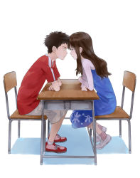 Rule 34 | 1boy, 1girl, black hair, brown eyes, brown hair, eye contact, face-to-face, forehead-to-forehead, habuki, heads together, highres, long hair, looking at another, ookami kodomo no ame to yuki, short hair, souhei (ookami kodomo), yuki (ookami kodomo)