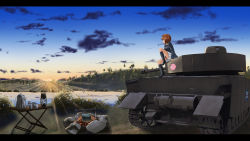 Rule 34 | 10s, 1girl, anglerfish, arm support, bad id, bad pixiv id, black footwear, black socks, blue jacket, boots, campfire, cloud, cloudy sky, commentary, couai, cup, emblem, fish, forest, girls und panzer, jacket, lamp, letterboxed, long sleeves, military, military uniform, military vehicle, miniskirt, motor vehicle, nature, nishizumi miho, on vehicle, ooarai military uniform, open mouth, outdoors, panzer iv, panzer iv, pleated skirt, short hair, sitting, skirt, sky, smile, socks, solo, sun, sunrise, tank, teapot, uniform, white skirt