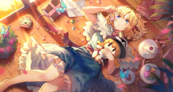Rule 34 | 1girl, absurdres, alice margatroid, bare legs, blonde hair, blue dress, blue eyes, blue gemstone, blush, book, bug, butterfly, cake, cake slice, candy, capelet, character doll, commentary request, cup, dress, feet out of frame, flower, food, frilled dress, frills, gem, green gemstone, hairband, highres, holding, indoors, insect, kirisame marisa, kita (kitairoha), lying, macaron, on back, on floor, parted lips, petals, pink flower, pink rose, plate, puffy short sleeves, puffy sleeves, red gemstone, red hairband, rose, rose petals, short hair, short sleeves, solo, tea, teacup, touhou, white capelet, wooden floor, yin yang