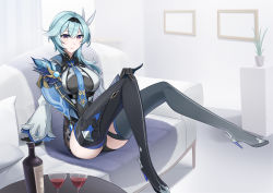 Rule 34 | 1girl, absurdres, alcohol, ass, black shorts, black thighhighs, blue hair, blurry, bottle, cape, commentary request, couch, cup, depth of field, detached sleeves, drinking glass, eula (genshin impact), eyes visible through hair, full body, genshin impact, grey eyes, hair between eyes, hair ornament, hairband, high heels, highres, lingwuye, long hair, looking at viewer, necktie, shorts, sidelocks, sitting, smile, solo, thighhighs, tray, vision (genshin impact), wide sleeves, wine, wine bottle, wine glass, zettai ryouiki