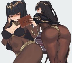 Rule 34 | 1girl, absurdres, ass, black cape, black eyes, black hair, black nails, blunt bangs, bodystocking, book, bracelet, breasts, bridal gauntlets, cape, cleavage, covered navel, facing away, fire emblem, fire emblem awakening, highres, holding, holding book, jewelry, long hair, looking back, medium breasts, nail polish, nintendo, simple background, solo, tharja (fire emblem), tiara, two side up, white background, whoopsatro