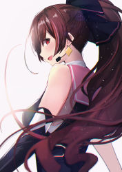 Rule 34 | .live, 1girl, bare shoulders, blush, breasts, brown hair, elbow gloves, from behind, gloves, hair between eyes, headset, high ponytail, highres, long hair, looking at viewer, looking back, medium breasts, open mouth, red eyes, smile, solo, untue, upper body, virtual youtuber, yaezawa natori