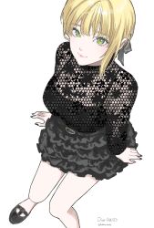 Rule 34 | 1girl, arm support, bare legs, black shirt, black skirt, blonde hair, blush, breasts, cleavage, fishnet top, fishnets, foot out of frame, frilled skirt, frills, green eyes, highres, hukka (hukka ready), idolmaster, idolmaster cinderella girls, invisible chair, looking at viewer, medium breasts, miyamoto frederica, nail polish, parted lips, see-through, see-through cleavage, see-through shirt, shirt, short hair, simple background, single sidelock, sitting, skirt, smile, solo, twitter username, white background