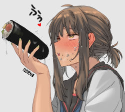 Rule 34 | 1girl, artist logo, artist name, black sailor collar, blush, brown hair, commentary request, drooling, ehoumaki, ergot, food, food on face, fubuki (kancolle), fubuki kai ni (kancolle), full-face blush, green eyes, green nails, grey background, holding, holding food, kantai collection, low ponytail, makizushi, nail polish, open mouth, rice, sailor collar, saliva, saliva trail, school uniform, serafuku, sexually suggestive, simple background, solo, sushi, tongue, translation request