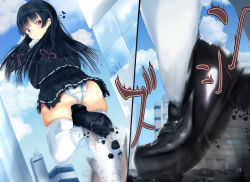 Rule 34 | 1girl, alicemagic, black hair, blunt bangs, blush, building, cloud, destruction, giant, giantess, gloves, hair ribbon, highres, isokaze (kancolle), kantai collection, loafers, long hair, looking back, panties, pleated skirt, red eyes, ribbon, rubble, school uniform, shoes, skirt, sky, thighhighs, thighs, underwear, white gloves, white panties, white thighhighs