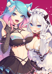 Rule 34 | 2girls, animal ears, blue eyes, blue hair, blush, breasts, choker, cleavage, cropped, demon girl, demon horns, fangs, flower, gloves, gradient hair, horns, large breasts, long hair, looking at viewer, maid, multicolored hair, multiple girls, nail polish, open mouth, pink hair, pointy ears, silvervale, silvervale (4th costume), smile, tomobe kinuko, vei (vtuber), vei (vtuber) (4th costume), very long hair, virtual youtuber, vshojo, white gloves, white hair, wolf ears, wolf girl, yuri
