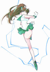 Rule 34 | 1girl, absurdres, angry, bishoujo senshi sailor moon, brown hair, clenched hands, earrings, electricity, gloves, gold headband, green skirt, highres, jewelry, kino makoto, leg up, long legs, looking down, magical girl, pochi (askas is god), ponytail, sailor jupiter, sailor senshi uniform, skirt, solo, white background, white gloves