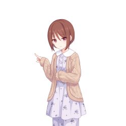 Rule 34 | brown cardigan, brown eyes, brown hair, cardigan, dress, looking at viewer, official art, pants, pointing, princess connect!, shiori (princess connect!), shiori (real) (princess connect!), tachi-e, transparent background, white dress, white pants