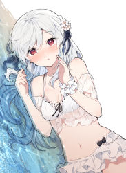 Rule 34 | 1girl, bare shoulders, bikini, black ribbon, blush, breasts, cleavage, collarbone, commentary request, dutch angle, flower, frilled bikini, frills, grey hair, hair between eyes, hair flower, hair ornament, hair ribbon, hands up, highres, ikeuchi tanuma, long hair, looking at viewer, lying, medium breasts, navel, novel illustration, official art, on side, original, parted lips, red eyes, ribbon, ribbon-trimmed bikini, shallow water, solo, swimsuit, water, white bikini, white flower