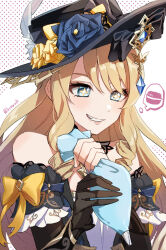 Rule 34 | 1girl, black flower, black gloves, black hat, black jacket, blonde hair, blue eyes, close-up, collared shirt, cooking, dress, drill hair, flower, food, genshin impact, gloves, haruna (hrnrnh), hat, hat feather, hat flower, highres, holding, jacket, jewelry, long hair, macaron, navia (genshin impact), open mouth, pastry, pastry bag, portrait, shirt, signature, simple background, single glove, smile, solo, star-shaped pupils, star (symbol), symbol-shaped pupils, teeth, thought bubble, upper body, white background
