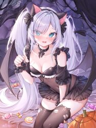 Rule 34 | 1girl, alllisso, animal ears, aqua eyes, azur lane, bat wings, between legs, black collar, black leotard, black skirt, black thighhighs, blue eyes, blue hair, blush, breasts, candy, cat ears, cleavage, collar, covered navel, demon tail, fake animal ears, food, halloween costume, hand between legs, hand up, highres, janus (azur lane), janus (fright-night scaredy-cat) (azur lane), leotard, light blue hair, lollipop, long hair, looking at viewer, official alternate costume, on bed, open mouth, pillow, pleated skirt, pumpkin, see-through, see-through leotard, signature, sitting, skirt, small breasts, solo, swirl lollipop, tail, thighhighs, torn clothes, torn thighhighs, twintails, wavy mouth, wings