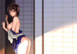 Rule 34 | 10s, 1girl, ass, back, blush, breasts, breasts out, brown eyes, brown hair, closed mouth, cowboy shot, from side, japanese clothes, kaga (kancolle), kantai collection, kimono, large breasts, looking at viewer, looking to the side, naked kimono, nipples, nude, off shoulder, open clothes, open kimono, short hair, short twintails, shoukaki (earthean), side ponytail, sliding doors, solo, standing, sunlight, thighs, twintails, yellow eyes