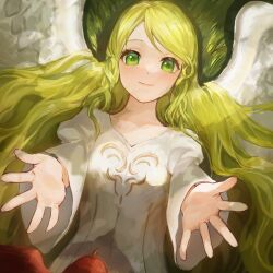 Rule 34 | 1girl, angel wings, bird, blonde hair, commentary, commentary request, dress, english commentary, fire emblem, fire emblem: path of radiance, fire emblem: radiant dawn, green eyes, highres, jurge, leanne (fire emblem), long hair, looking at viewer, lying, mixed-language commentary, nintendo, outdoors, outstretched arms, reaching, reaching towards viewer, smile, solo, white dress, wings