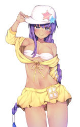 Rule 34 | 1girl, :q, arm up, bare shoulders, baseball cap, bb (fate), bb (fate) (all), bb (swimsuit mooncancer) (fate), bb (swimsuit mooncancer) (first ascension) (fate), bikini, bikini top only, blush, braid, breasts, cleavage, closed mouth, collarbone, cowboy shot, fate/grand order, fate (series), fingernails, front-tie top, gluteal fold, hair between eyes, hand on headwear, hat, head tilt, highres, jacket, jp06, long hair, long sleeves, looking at viewer, medium breasts, navel, off shoulder, pleated skirt, purple eyes, purple hair, simple background, single braid, skirt, solo, star (symbol), swimsuit, tan, tongue, tongue out, very long hair, white background, white bikini, white hat, yellow jacket, yellow skirt