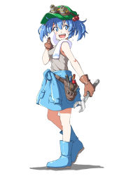 Rule 34 | 1girl, :d, ahoge, bare arms, bare shoulders, belt, blue eyes, blue footwear, blue hair, blue jacket, blush, boots, breasts, brown gloves, buckle, clothes around waist, commentary request, contrapposto, covered erect nipples, drying, flat cap, from side, full body, gloves, goggles, goggles on head, goggles on headwear, green hat, grey tank top, hair between eyes, hair bobbles, hair ornament, hand up, hat, highres, holding, inuno rakugaki, jacket, jacket around waist, kawashiro nitori, long sleeves, looking away, looking back, looking to the side, medium breasts, open mouth, pliers, pocket, pouch, rubber boots, screwdriver, shadow, shiny clothes, short hair, simple background, smile, solo, sparkle, standing, sweat, tank top, tareme, teeth, tool belt, touhou, towel, towel around neck, two side up, upper teeth only, white background, white towel, wiping sweat, wrench