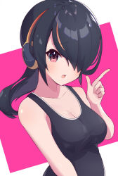 Rule 34 | 1girl, bad id, bad pixiv id, bare arms, black hair, breasts, cleavage, collarbone, emperor penguin (kemono friends), hair over one eye, headphones, highres, index finger raised, kemono friends, large breasts, long hair, looking at viewer, open mouth, pink eyes, school swimsuit, solo, swimsuit, takom