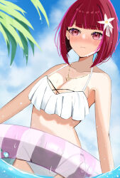 Rule 34 | 1girl, :o, arima kana, bare shoulders, bikini, bird, blue sky, blunt bangs, blush, bob cut, breasts, cleavage, closed mouth, cloud, collarbone, commentary request, cowboy shot, day, dutch angle, frilled bikini, frills, hair ornament, hairclip, heart, heart necklace, highres, innertube, inverted bob, jewelry, large breasts, looking at viewer, medium hair, necklace, oshi no ko, outdoors, red eyes, red hair, revision, shiro (dkau3374), sky, solo, swim ring, swimsuit, variant set, water, wavy mouth, wet, white bikini