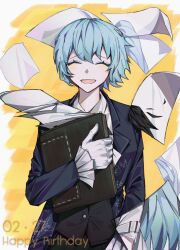Rule 34 | 1girl, angela (project moon), blue coat, blue hair, blush, book, closed eyes, coat, collared shirt, dated, frilled sleeves, frills, gloves, happy birthday, highres, holding, holding book, library of ruina, lobotomy corporation, long hair, long sleeves, m ttl, multiple views, open mouth, project moon, shirt, short hair, smile, very long hair, white gloves, white shirt, wing collar, yellow background
