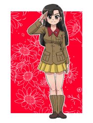 Rule 34 | 1girl, asymmetrical bangs, black eyes, black hair, boots, border, brown footwear, brown jacket, chi-hatan military uniform, closed mouth, commentary, floral background, full body, girls und panzer, jacket, knee boots, long hair, long sleeves, looking at viewer, military, military uniform, miniskirt, nishi kinuyo, outline, outside border, pleated skirt, red background, skirt, smile, solo, standing, straight hair, takahashi kurage, textless version, uniform, white border, white outline, yellow skirt