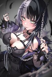 Rule 34 | 1girl, :p, absurdres, black choker, black dress, black hair, black nails, breasts, choker, cleavage, coat, dress, fur trim, grey hair, hair ornament, highres, hololive, hololive english, jacket, large breasts, long hair, looking at viewer, multicolored hair, naughty face, osechi (pixiv56606477), shiori novella, shiori novella (1st costume), smile, solo, split-color hair, tongue, tongue out, two-tone hair, virtual youtuber, white hair, yellow eyes