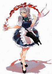 Rule 34 | 1girl, apron, asuzemu, black cat, black footwear, blood, blue dress, braid, cat, cup, decantering, dress, floating, frilled apron, frilled dress, frills, grin, hair between eyes, hands up, holding, holding saucer, izayoi sakuya, legs, levitation, maid, maid apron, maid headdress, red eyes, saucer, short dress, short hair, sideways glance, silver hair, simple background, smile, solo, tea, teacup, teapot, thighs, touhou, twin braids, waist apron, white background