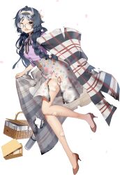 Rule 34 | 1girl, akasaka yuzu, black hair, blanket, braid, brown eyes, brown footwear, burnt clothes, floral print, full body, glasses, hairband, heian maru (kancolle), heian maru (spring mode) (kancolle), high heels, kantai collection, leaning forward, low twintails, neck ribbon, official alternate costume, one eye closed, picnic basket, pink hairband, pumps, purple shirt, ribbon, shirt, skirt, solo, thermos, thighhighs, torn clothes, torn thighhighs, transparent background, twin braids, twintails, white skirt