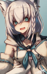 Rule 34 | 1girl, absurdres, ahoge, animal ear fluff, animal ears, aqua eyes, blue background, blue neckerchief, braid, collarbone, dated, detached sleeves, evil smile, fox ears, hair between eyes, highres, hololive, hood, hoodie, inre kemomimi, long hair, looking at viewer, neckerchief, shaded face, shirakami fubuki, shirakami fubuki (1st costume), side braid, signature, simple background, smile, solo, upper body, virtual youtuber, white hair, white hoodie, white sleeves