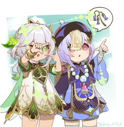 Rule 34 | 2girls, :o, bandaged arm, bandages, bead necklace, beads, blush, cloud, day, detached sleeves, dress, drop 0720, finger frame, gameplay mechanics, genshin impact, green eyes, green hair, grey hair, hair ornament, hat, highres, jewelry, long hair, long sleeves, multiple girls, nahida (genshin impact), necklace, ofuda, one eye closed, outdoors, parted lips, pink eyes, pointing, purple hair, qingdai guanmao, qiqi (genshin impact), sky, tassel, thighhighs, wide sleeves