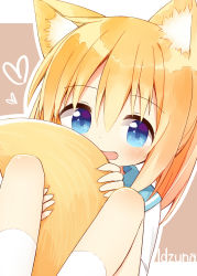 Rule 34 | 1girl, :d, animal ear fluff, animal ears, ayanepuna, blue sailor collar, blush, borrowed character, brown background, character name, commentary request, flower in eye, fox ears, fox girl, fox tail, heart, highres, holding tail, knees up, long hair, open mouth, orange hair, original, outline, sailor collar, shirt, smile, socks, solo, symbol in eye, tail, two-tone background, white background, white outline, white shirt, white socks
