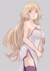 Rule 34 | 1girl, alternate costume, alternate hairstyle, bare shoulders, black thighhighs, blonde hair, blue eyes, blush, breasts, cleavage, closed mouth, dress, fate/apocrypha, fate (series), grey background, highres, jeanne d&#039;arc (fate), jeanne d&#039;arc (ruler) (fate), kouzuki kei, large breasts, long hair, looking at viewer, side slit, simple background, solo, thighhighs, white dress