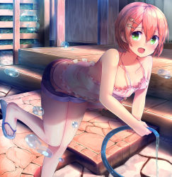 Rule 34 | 10s, 1girl, :d, bad id, bad pixiv id, bare arms, belt, blush, bubble, camisole, collarbone, fang, flip-flops, green eyes, hair between eyes, hair ornament, hairclip, halterneck, highres, holding, hose, hoshizora rin, kumashou (nabeyama kaidou), leaning forward, leg lift, looking at viewer, love live!, love live! school idol festival, love live! school idol project, midriff, open mouth, orange hair, outdoors, sandals, short hair, short shorts, shorts, slippers, smile, solo, spaghetti strap, standing, standing on one leg, thighs, water drop