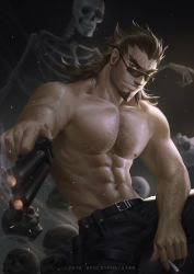 Rule 34 | 1boy, abs, arm hair, bara, black pants, chest hair, cigarette, embers, facial hair, fate/apocrypha, fate (series), forked eyebrows, frde, goatee, gun, highres, holding, holding gun, holding weapon, large pectorals, long sideburns, looking at viewer, male focus, mature male, medium hair, muscular, muscular male, navel, navel hair, nipples, pants, pectorals, shishigou kairi, sideburns, skeleton, skull, smile, solo, stomach, sunglasses, thick eyebrows, topless male, weapon, weapon request