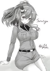 Rule 34 | 1girl, artist logo, breasts, character name, commentary request, cosplay, cosplay request, greyscale, hair between eyes, headset, highres, kantai collection, kuga zankurou, large breasts, microphone, military, military uniform, monochrome, ponytail, saratoga (kancolle), side ponytail, sidelocks, sitting, smokestack, smokestack hair ornament, solo, twitter username, uniform