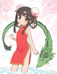 Rule 34 | 1girl, animal, bare arms, bare shoulders, black hair, blush, braid, breasts, brown eyes, bun cover, china dress, chinese clothes, clenched hand, closed mouth, commentary request, covered navel, double bun, dragon, dress, hair bun, hair rings, highres, kibisake, long hair, looking at viewer, original, red dress, sidelocks, sleeveless, sleeveless dress, small breasts, solo, standing, twin braids, v-shaped eyebrows, wading, water