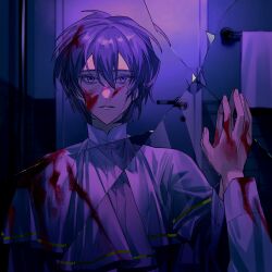 Rule 34 | 1boy, bathroom, blood, blood in hair, blood on face, blood on hands, blue eyes, blue hair, capelet, crying, crying with eyes open, hand on mirror, highres, indoors, long sleeves, male focus, parted lips, reflection, saibou shinkyoku, shirt, tears, utsugi noriyuki, white capelet, white shirt, yuxia
