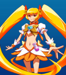 Rule 34 | 10s, 1girl, blonde hair, blue background, bow, brooch, choker, cure sunshine, hair ribbon, heart, heart brooch, heartcatch precure!, highres, jewelry, long hair, looking at viewer, magical girl, midriff, myoudouin itsuki, navel, orange bow, orange skirt, precure, ribbon, simple background, skirt, smile, solo, twintails, uganda (ugandam 00), very long hair, yellow bow, yellow eyes