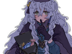 Rule 34 | 1girl, arknights, black cape, black gloves, blue dress, box, braid, candy, cape, crossed bangs, dress, finger to mouth, food, gloves, green eyes, hair between eyes, hands up, holding, holding box, index finger raised, jewelry, long hair, looking at viewer, necklace, official alternate costume, one-hour drawing challenge, parted lips, pramanix (arknights), pramanix (caster&#039;s frost) (arknights), shushing, side braids, sijo pg, simple background, solo, upper body, white background, white hair