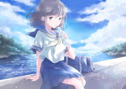 Rule 34 | 1girl, bag, black hair, blue eyes, blue sailor collar, blue skirt, blue sky, bottle, cloud, commentary request, day, forest, hair blowing, highres, holding, holding bottle, horizon, hoshiibara mato, light particles, looking at viewer, nature, neckerchief, on wall, original, outdoors, parted lips, pleated skirt, ramune, sailor collar, school bag, school uniform, serafuku, shirt, short hair, short sleeves, sitting, skirt, sky, sleeve cuffs, solo, water, white shirt, wind, wind lift, yellow neckerchief