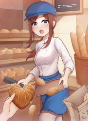 Rule 34 | atorie, bakery, blue eyes, brown hair, croissant, food, go-toubun no hanayome, hat, highres, long hair, looking at viewer, nakano miku, open mouth, shop, surprised