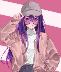 Rule 34 | 1girl, adjusting clothes, adjusting headwear, baseball cap, brown jacket, chinese commentary, closed mouth, commentary request, denim, glasses, grey hat, hair between eyes, hand in pocket, hat, highres, hoshino ai (oshi no ko), jacket, jeans, kuaixue shiqing, long hair, multicolored eyes, open clothes, open jacket, oshi no ko, pants, purple eyes, purple hair, shade, sidelocks, solo, sunglasses, sweater, tongue, tongue out, turtleneck, turtleneck sweater, variant set, white hat, white sweater, zipper