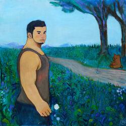 Rule 34 | . ., 1boy, acrylic paint (medium), arms at sides, bara, bare arms, bear, beard stubble, black eyes, black pants, blush, cub, facial hair, feet out of frame, fishing, fishing rod, flower, from behind, grey tank top, highres, holding, holding fishing rod, holding flower, long sideburns, looking at viewer, looking back, male focus, mountain, muscular, muscular male, original, painting (medium), pants, pectorals, plant, pond, short hair, sideburns, sidepec, solo, stubble, tank top, thick eyebrows, torajiro art, traditional media, tree, white flower